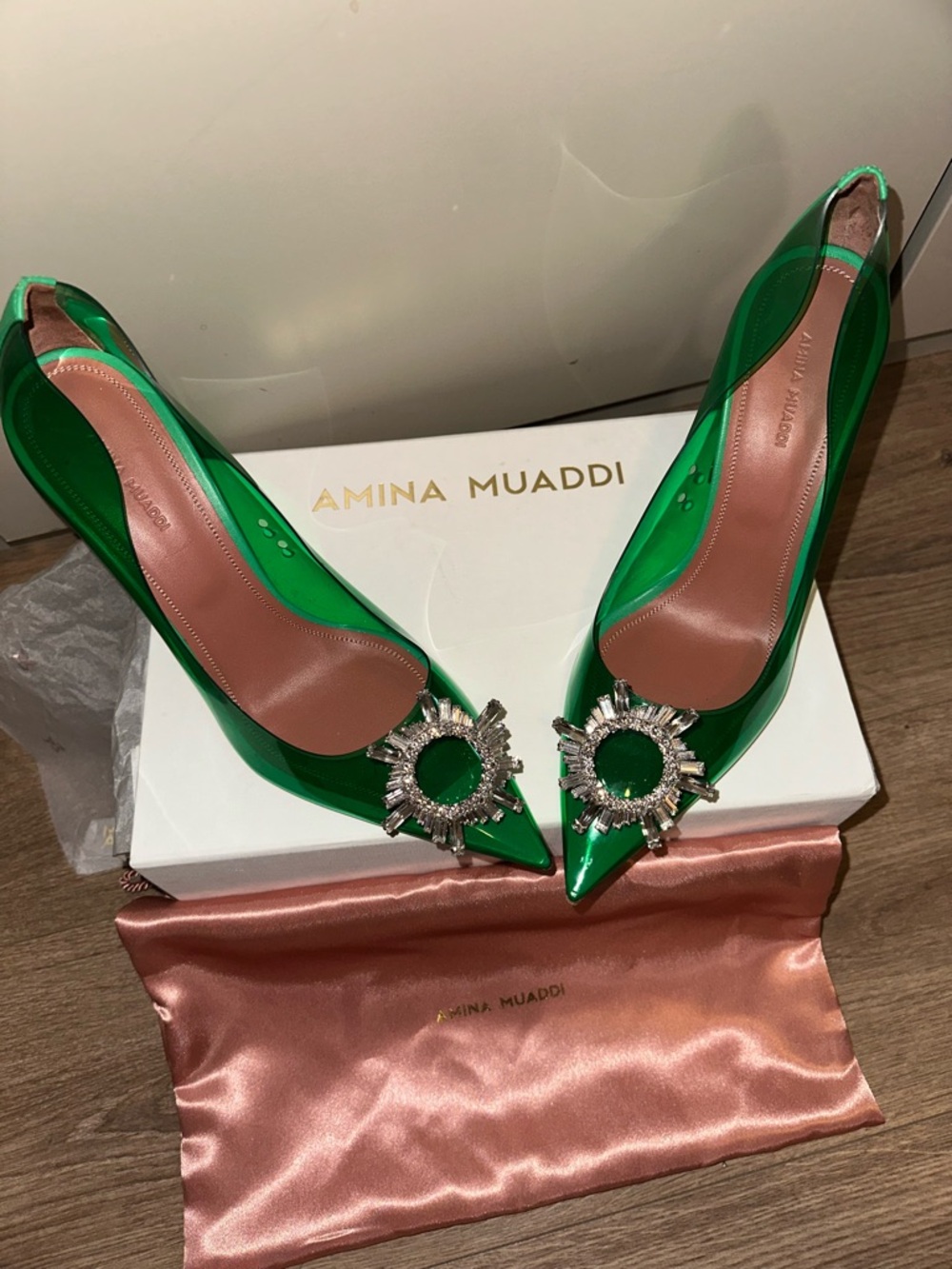 Amina Muaddi Begum PVC Emerald Green Crystal-Embellished Pointed Pumps Size 41